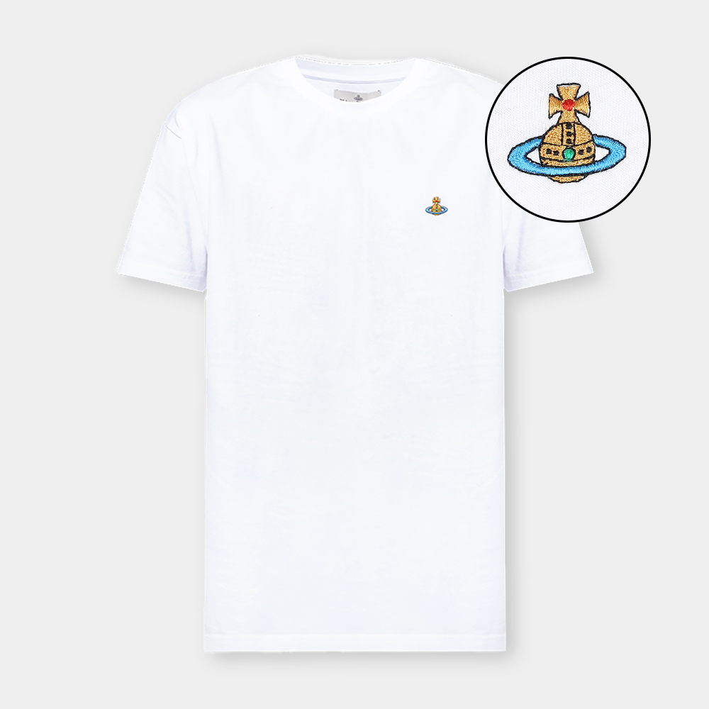 당일배송비비안웨스트우드 공용 ORB 자수로고 라운드넥 코튼 반팔 티셔츠 화이트 3G010013 J001M GO A401