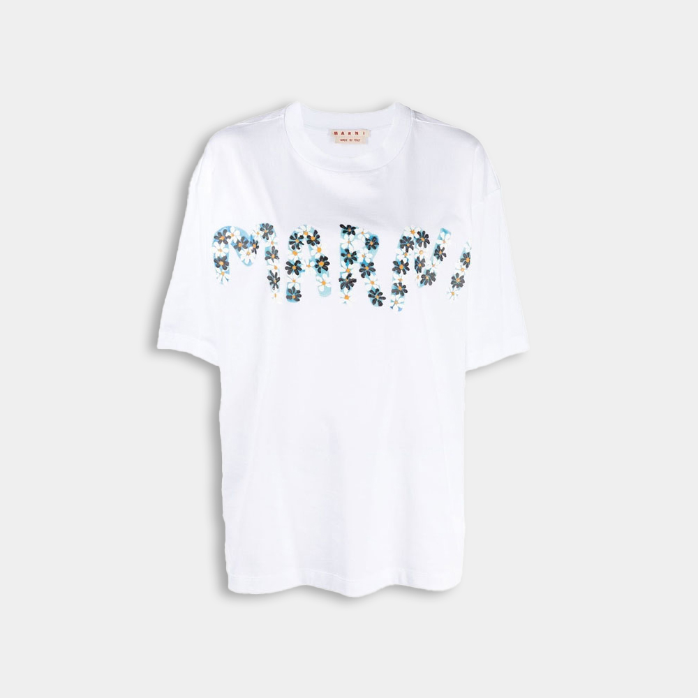 당일배송마르니 여성 데이지 플라워 로고 프린팅 라운드 화이트 반팔 THJET49EPMUSCT06DLW 01