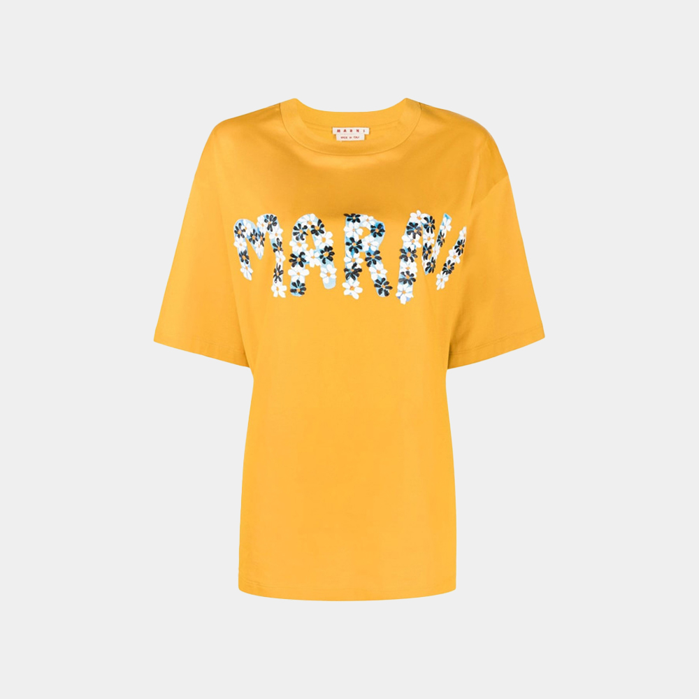 당일배송마르니 여성 데이지 플라워 로고 프린팅 라운드 머스타드 반팔 THJET49EPMUSCT06DLY 65