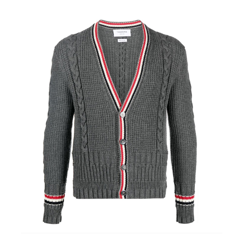 당일배송[톰브라운] MKC454A Y1024 035 RWB 스트라이프 케이블 스티치 클래식 브이넥 가디건 메드그레이 남성 자켓